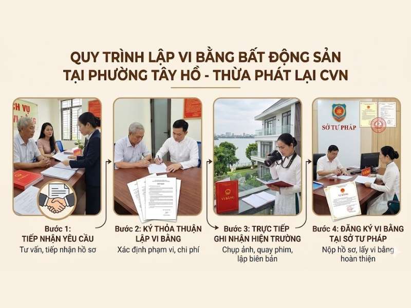 Dịch Vụ Tư Vấn Lập Vi Bằng Bất Động Sản (Sổ Đỏ & Đất Không Sổ) Tại Phường Tây Hồ, Hà Nội 3 Thủ tục triển khai lập vi bằng bất động sản (sổ đỏ & đất không đỏ) phường Tây Hồ, Hà Nội Của Thừa Phát Lại CVN